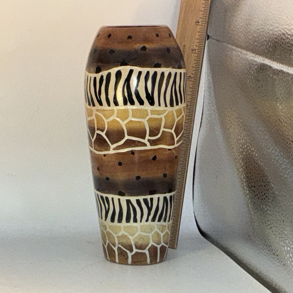 Hand Carved Kissing Soapstone Vase From Kenya Safari Animal Print 8" X 4"